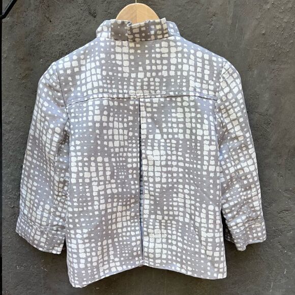 J. CREW GEO PRINT CROPPED COCKTAIL JACKET GRAY IVORY RUFFLED COLLAR BLAZER XS-S* - Picture 12 of 16